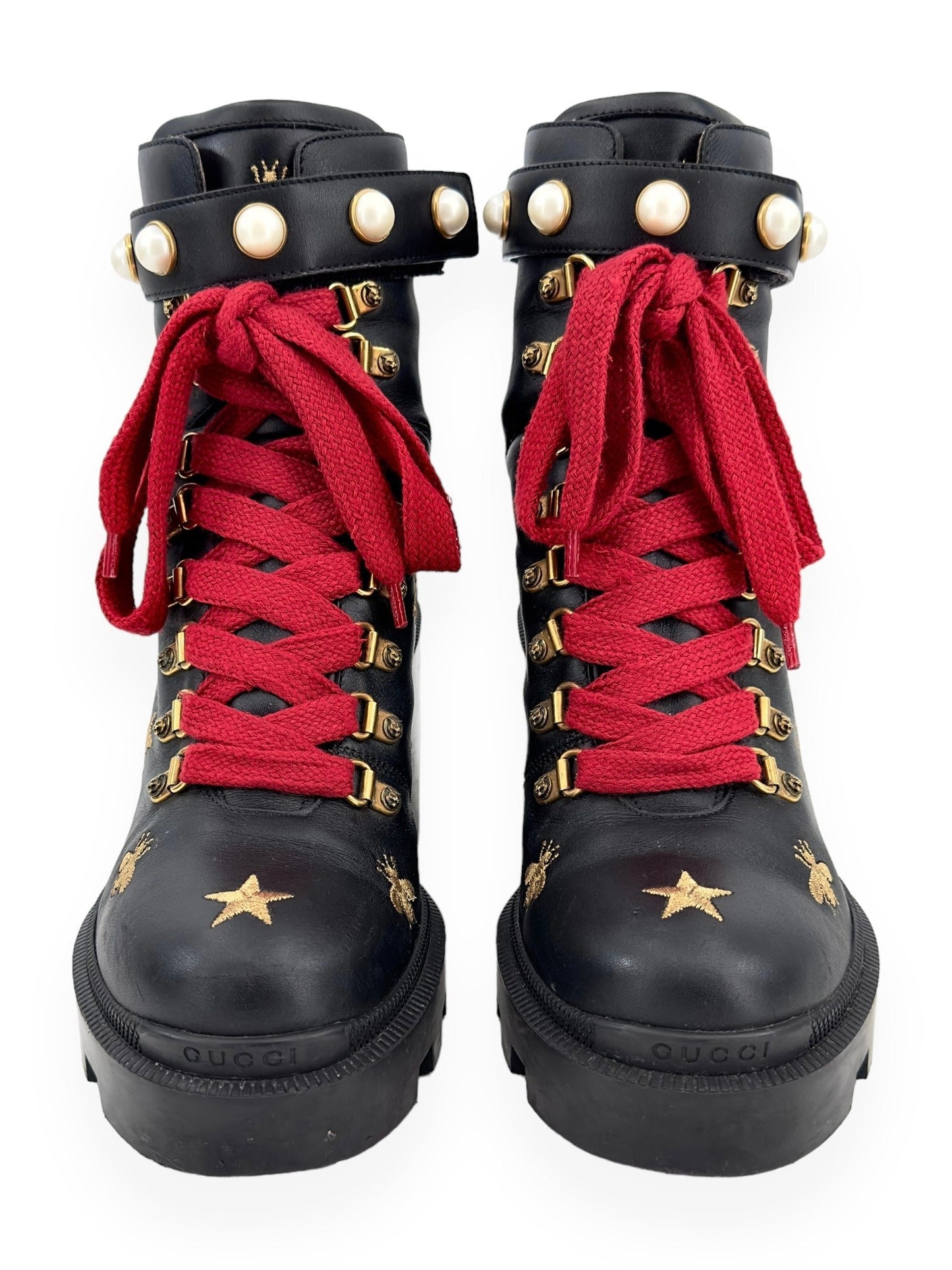 GUCCI Embroidered Black Leather Combat Boots