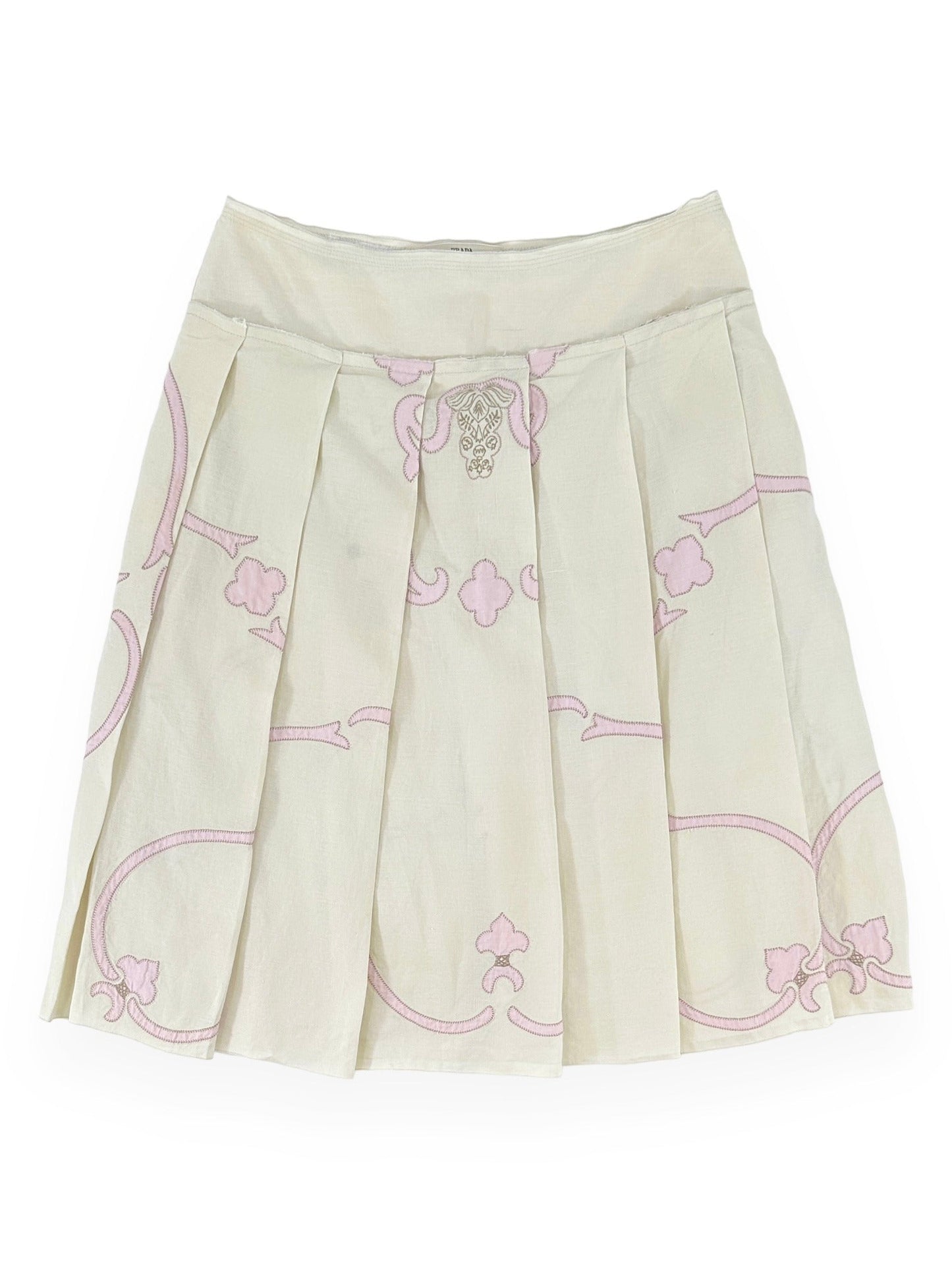 PRADA Embroidered Cream & Pink Pleated Skirt