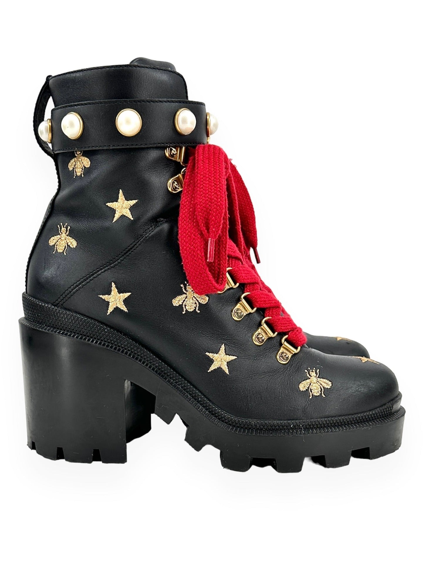 GUCCI Embroidered Black Leather Combat Boots