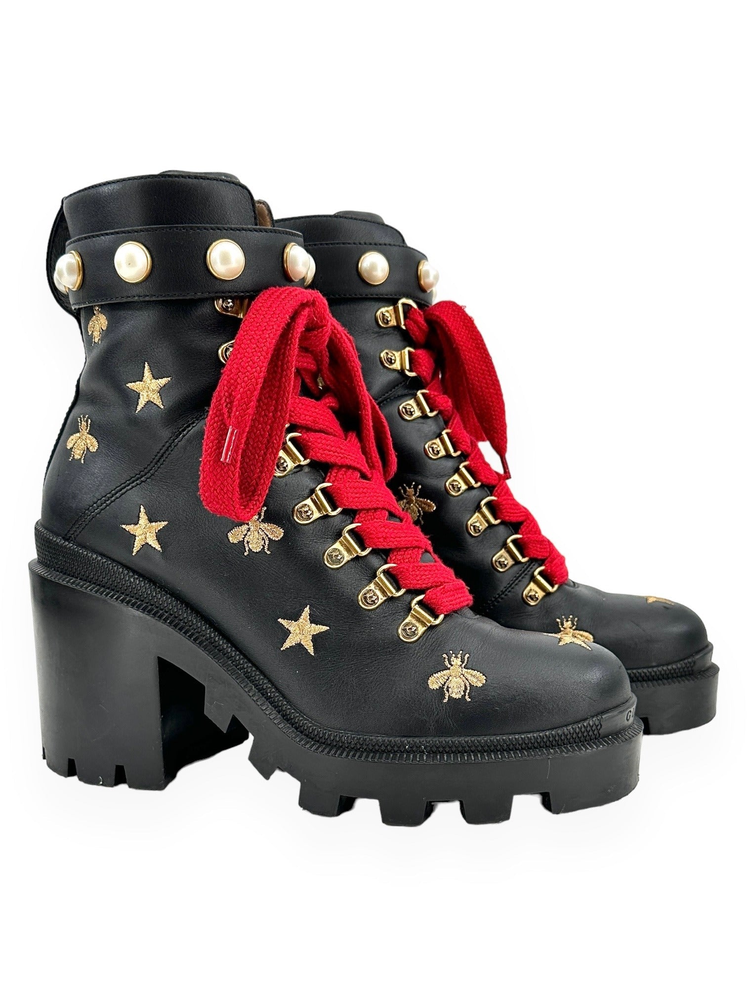 GUCCI Embroidered Black Leather Combat Boots