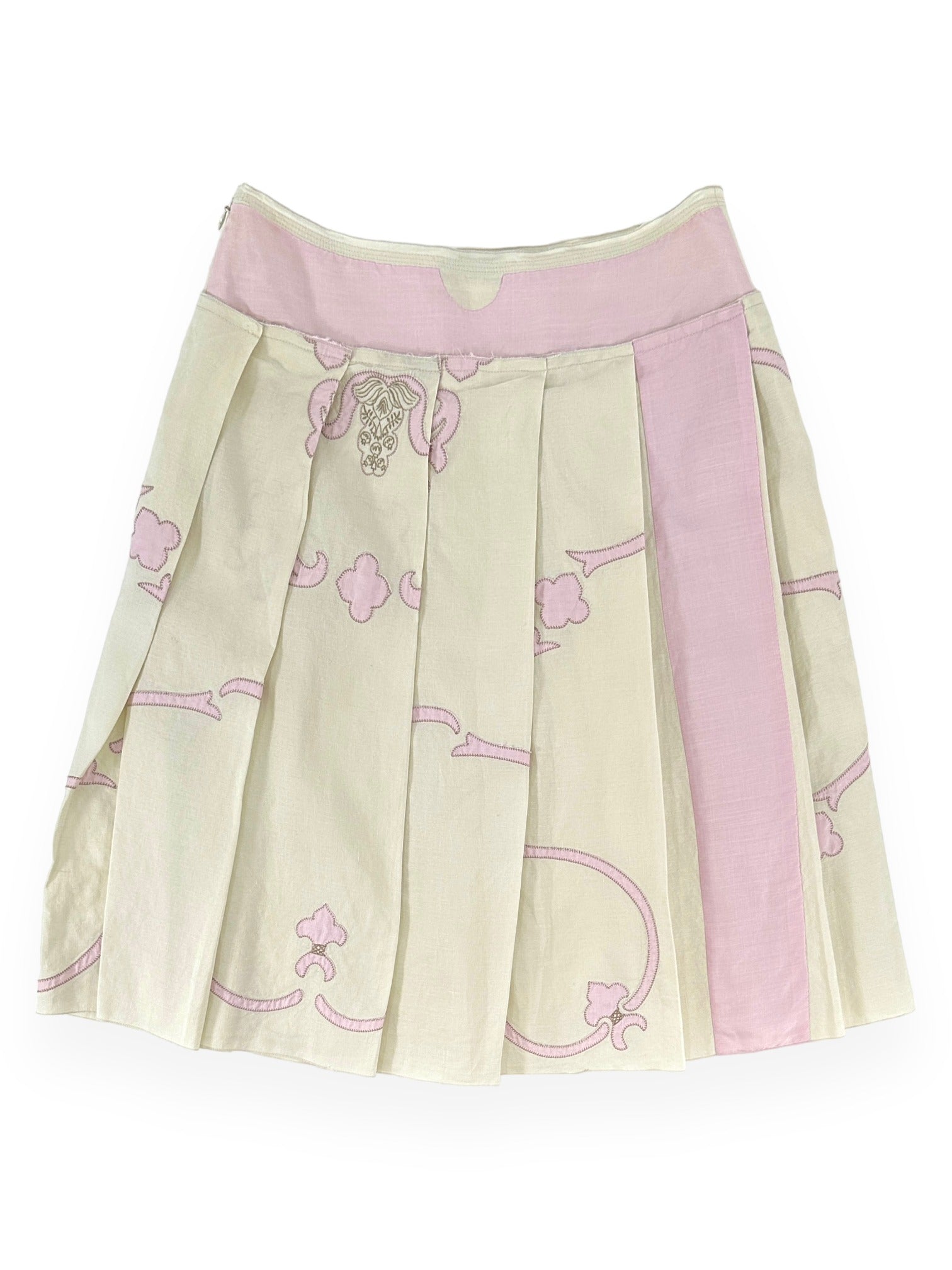 PRADA Embroidered Cream & Pink Pleated Skirt